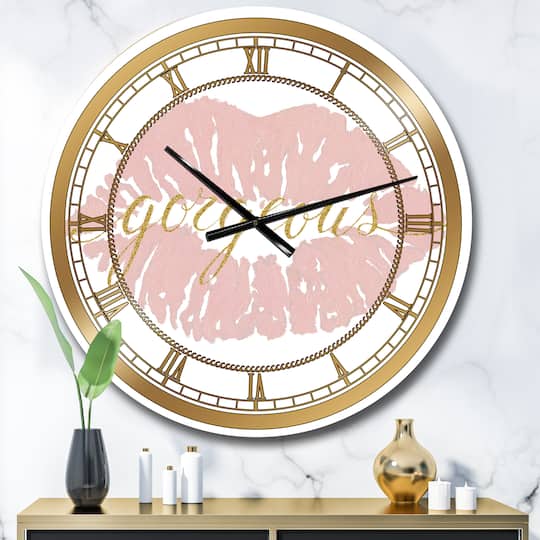 Designart 'Fashion Glam Lips On Gold Ii Glam Wall Clock
